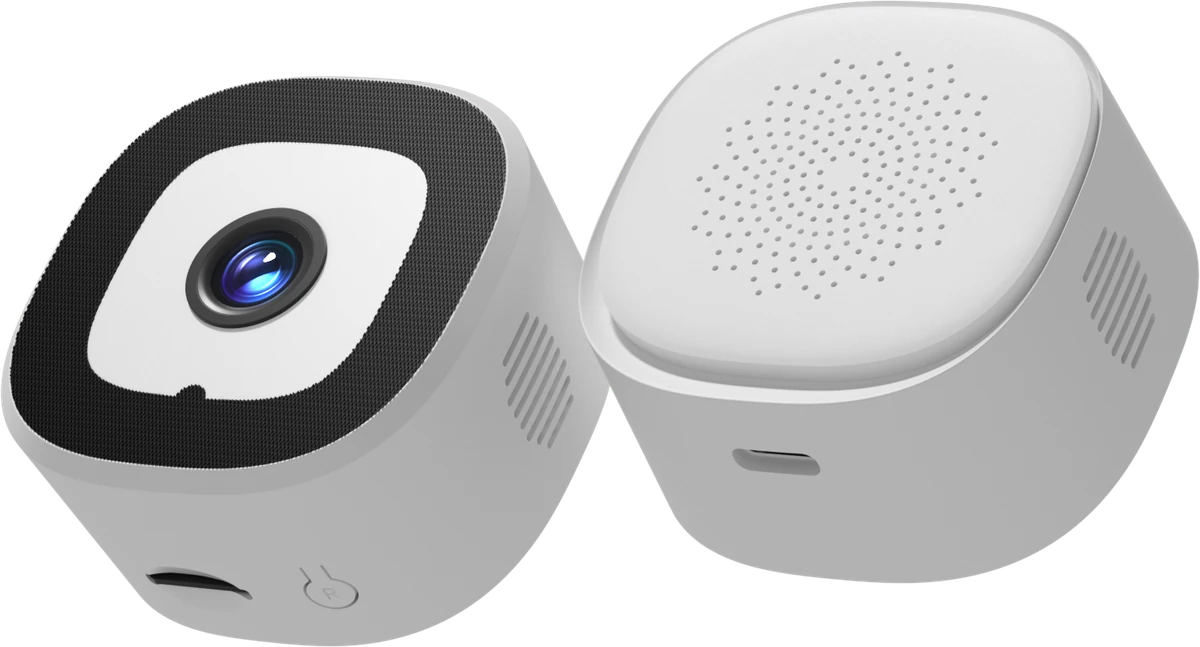 VuePod VP586 smart camera shown beside its interchangeable silicone shell